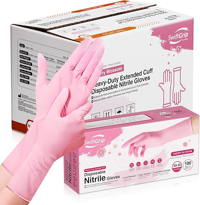 Disposable Nitrile Dishwashing Gloves, Extended 12 Inches Cuff, 6-mil, Cherry Blossom Cleaning Gloves, Latex-Free