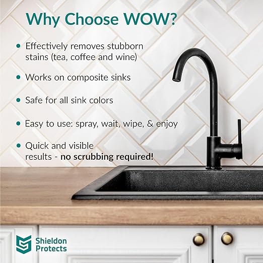 Shieldon Protects WOW cleaning spray for Composite and Conglomerate Sinks - Granite Composite Cleaner for Discoloration and Stains - Silgranit, Fragranit and Blanco - 250ml