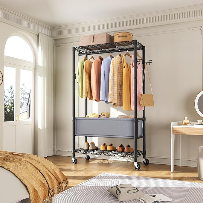 Heavy Duty Clothes Rack Rolling Garment Rack,3 Tier Adjustable Wire Shelving Clothing Racks for Hanging Clothes with Double Rods&Side Hooks,Freestanding Wardrobe Storage Rack Metal Portable Closet