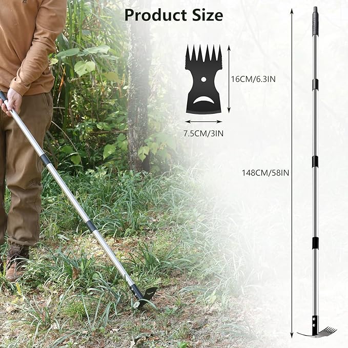 Weed Puller Tool with Long Handle(58IN), 2-in-1 Gardening Hand Tools Weeds Remover, Weeder Rake & Garden Hoe Combo, Manual Weeding Puller Tool for Garden Yard Patio Lawn