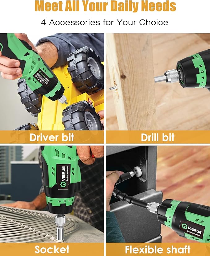 VIGRUE Cordless Screwdriver, Rechargeable Electric Screwdriver with LED Light, Flexible Shaft