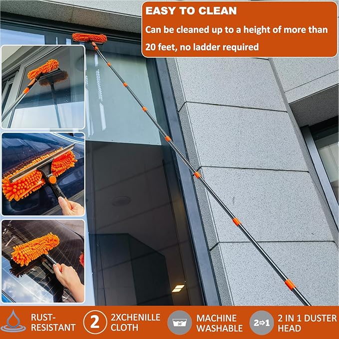 20+ Feet High Reach Duster Kit with 3-14 ft Extension Pole High Ceiling Dusting and Window Cleaning Kit with Spliceable Pole - Window Washer & Squeegee, Cobweb Duster, Fan Blade and Feather Dusters
