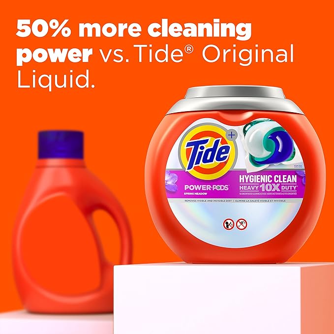 Tide Hygienic Clean Heavy 10x Duty Power PODS Laundry Detergent Pacs, Spring Meadow Scent, 45 Count, For Visible and Invisible Dirt