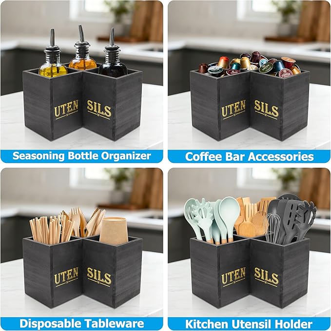 RedCall Kitchen Utensils Holder,Extra Large 3 Compartments Corner Utensil Caddy for Countertop,Wooden Farmhouse Utensil Organizer