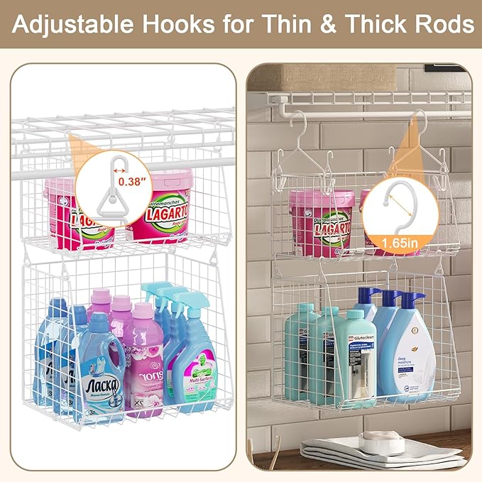 Sonyabecca 5-Tier Hanging Laundry Basket Organizer: Foldable Wire Shelf Basket with 4 Large Hooks 1.65" & 360°Rotating Hooks – Space-Saving Laundry Room Organization for Wardrobe Closet, White Patent