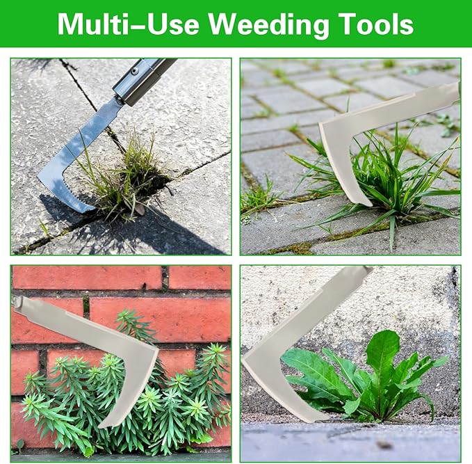 Qivine Weed Remover Tool, 5.25ft Adjustable Ergonomic Handle Weed Brush, 2-in-1 Brass Bristles & Steel Weeding Sickle for Sidewalk Cracks, Driveways, Patios, Gardens (Weed Remover Tool)