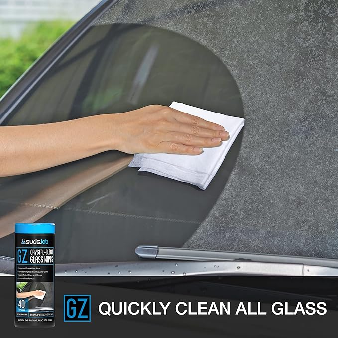 Suds Lab GZ Crystal-Clear Glass Wipes, Streak-Free Windshield, Mirror, and Window Wash, Disposable Wipes for Auto Interior and Exterior Car Windows, 40 count