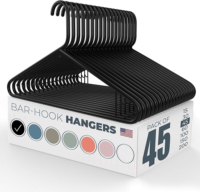 Neaties Plastic Hangers 45 Pack – Made in the USA – 6lb Capacity Standard Clothes Hangers with Strap Hooks for Dresses, Lingerie, Shirts, Pants, and Jackets – Black