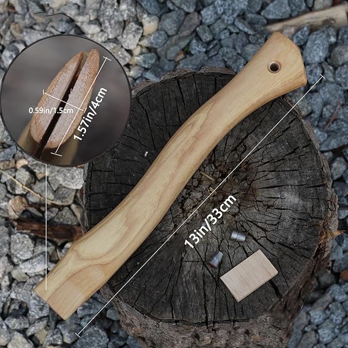2 PCS Replacement Axe Handle for Camping Gardening Axe, 13in Hickory Hatchet Handle Replacement with Wooden and Steel Wedges Camping Essentials