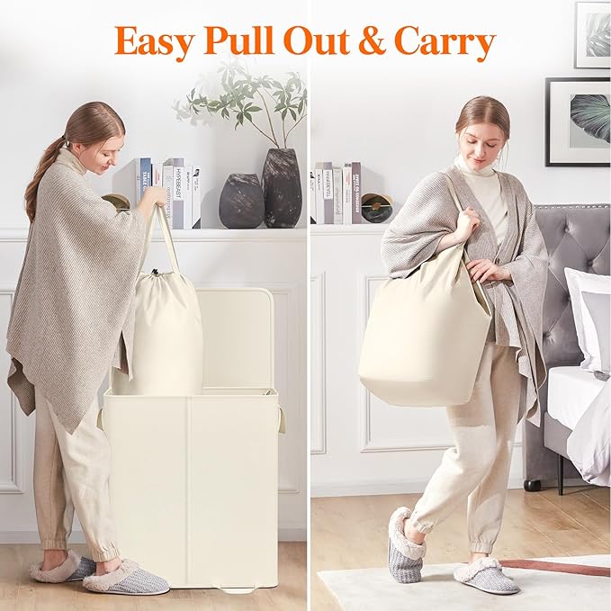 Lifewit Double Laundry Hamper with Lid and Removable Laundry Bags, Large Collapsible 2 Dividers Dirty Clothes Basket with Handles for Bedroom Laundry Room Closet Bathroom College, 155L Ivory White