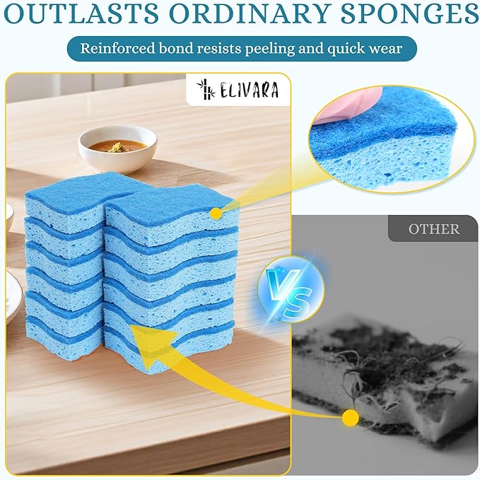 Kitchen Sponges – 12 Pack – Non-Scratch Dual-Sided Cellulose Scrub Sponges for Dishes, Pots, and Pans – Durable, Absorbent, and Reusable (Dark Blue/Light Blue)