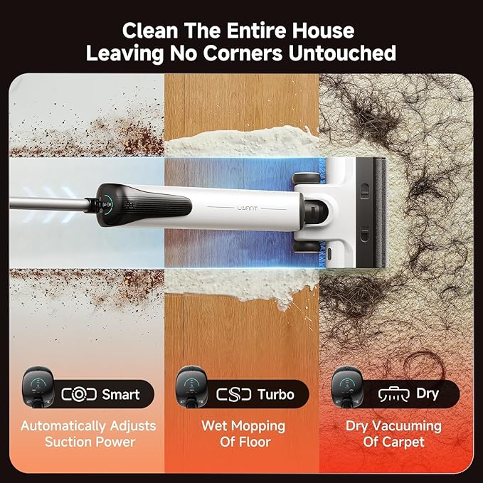 uwant Wet Dry Vacuum Cleaner 180°Lay-Flat Push-in Vacuum Mop All in One with 18000Pa Suction Auto Self-Cleaning Anti Odor Stick Dual-Edge Vacuum Cleaner Set of 1 for Hard Floor/Carpet D100