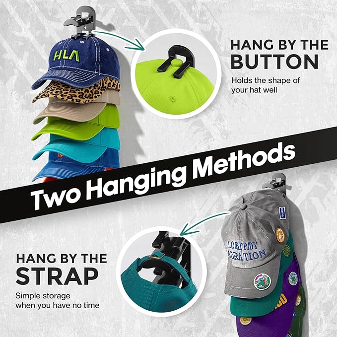 Hat Hook for Wall, 2 Pack Hat Organizer Hold up to 20 Hats,Hat Holder with Strong Adhesive and 8 Pack Screws, Cap Holder Hat Hangers for Wall Closet Door and Bedroom(B-Black)
