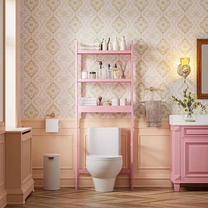 SMIBUY Bathroom Storage Shelf, Bamboo Over-The-Toilet Organizer Rack, Freestanding Toilet Space Saver with 3-Tier Adjustable Shelves (Pink)
