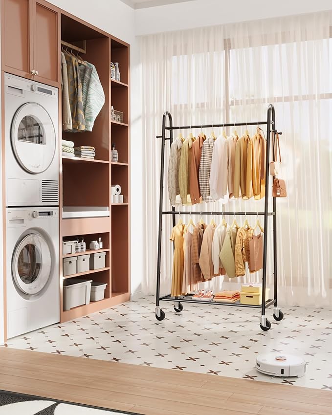 Sakugi Heavy Duty Clothes Rack, Metal Clothing Rack with Double Hanging Rods, 4 Hooks & Mesh Shelf, Freestanding Garment Rack with Triangular Design for Bedroom Closet, 36.5" x 16.9" x 72.8", Black