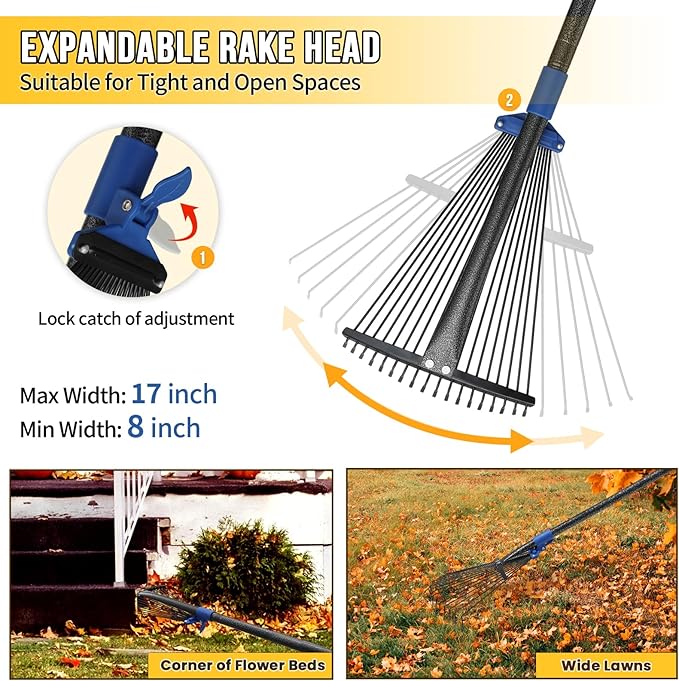 Adjustable Leaf Rake, Heavy Duty Metal Rake for Leaves, Long Handle 30"-60" with Expandable Head 8"-17", Collapsible Small Rakes for Lawns, Gardening, Yard, Camping, Shrub, Grass, Bush, Weed, Debris