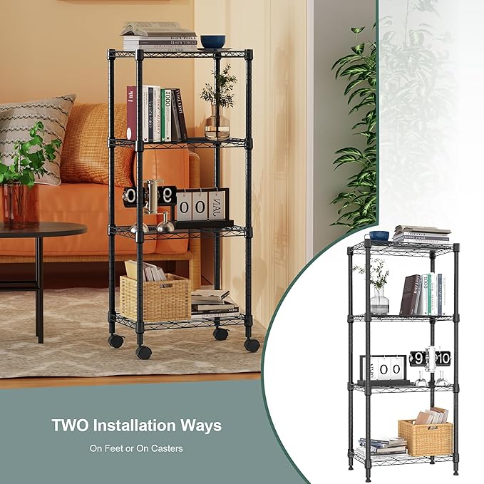 M MZG 4-Shelf Adjustable Heavy Duty Steel Wire Rack, Adjustable Storage Shelving Unit with Wheel for Kitchen, Garage, Laundry Black 11.8" D x 17.7" W x 40.8" H