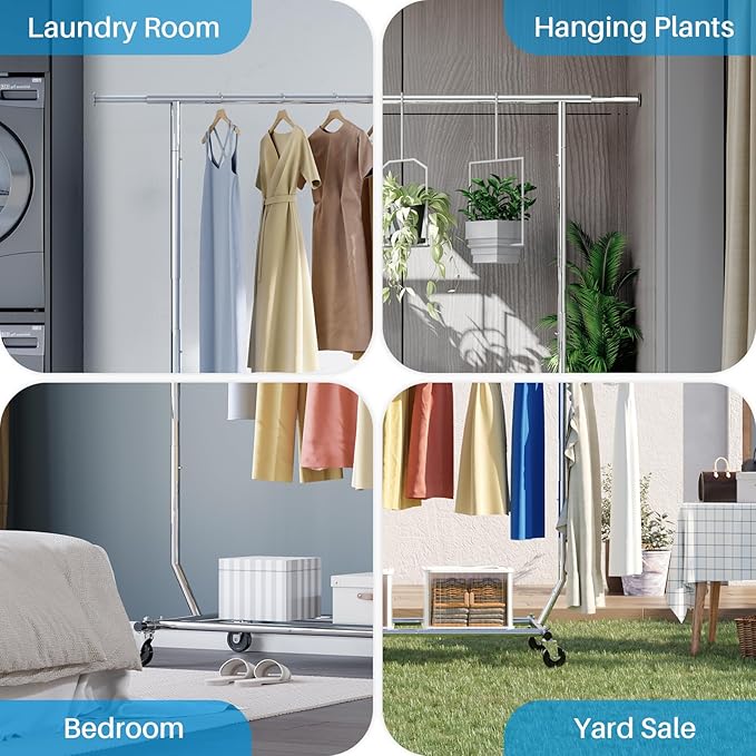 HOKEEPER Clothes Rack, Rolling Clothing Racks for Hanging Clothes, Portable Clothes Rack with Lockable Wheels, Commercial Heavy Duty Garment Rack for Bedroom, Living Room, Laundry, Balcony Collapsible