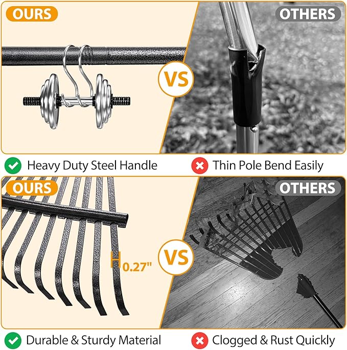 Rake for Leaves, Leaf Garden Rake, Yard Rakes for Lawns Heavy Duty, Metal Tools with 9" Small Narrow Head, 37”-79” Adjustable Long Handle, 11 Steel Tines, Quick Clean up Tool for Shrub, Camping
