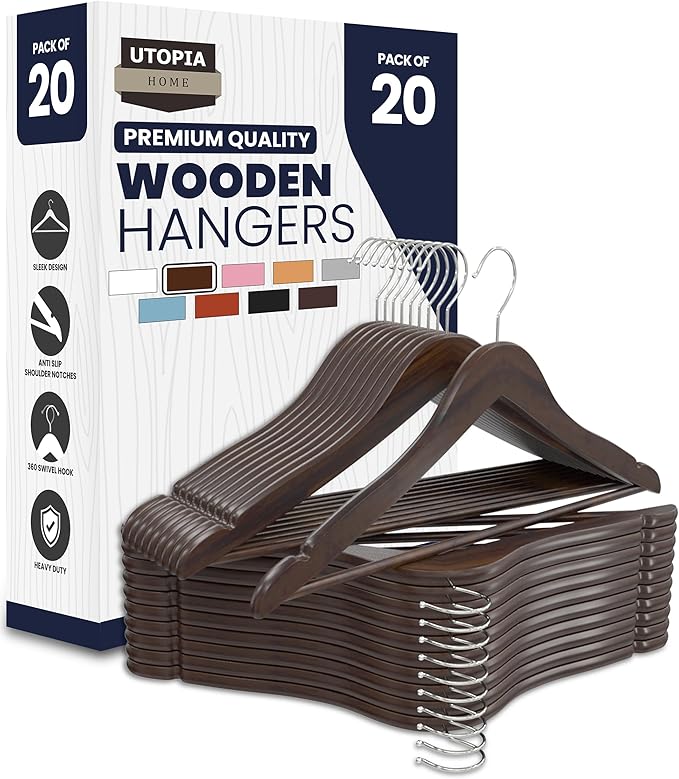 Utopia Home Premium Wooden Hangers 20 Pack - Durable & Slim Coat Hanger - Suit Hanger with 360-Degree Rotatable Hook - Wood Hangers with Shoulder Grooves (Vintage Color)