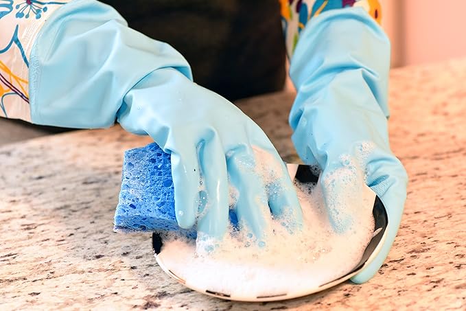 2 PAIRS Household Gloves Latex Free Cleaning Gloves with Soft Lining Long Cuff 15" & Grip, Medum, Pink/Blue
