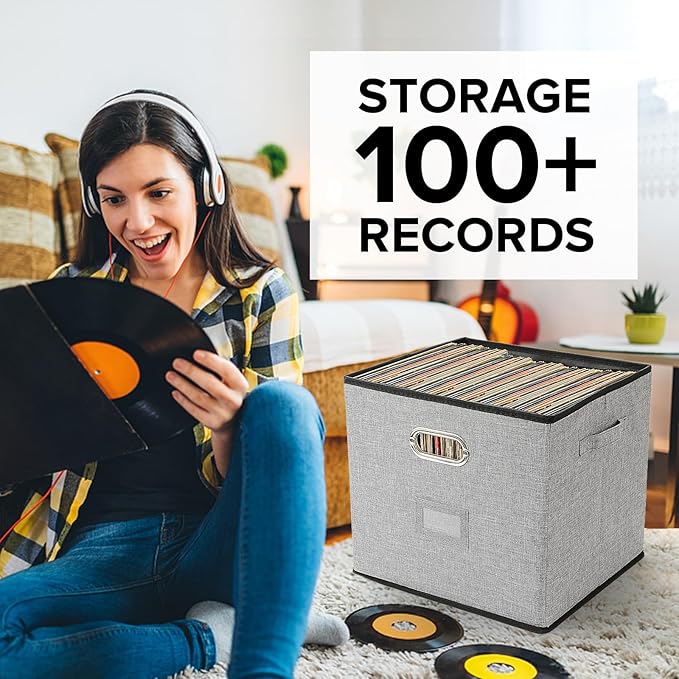 Vinyl Record Storage Box Hold 100+ Lp Albums Foldable Storage Bin with Lid Record Holder for Albums, CDs, DVDs (Grey, Large-2pcs)