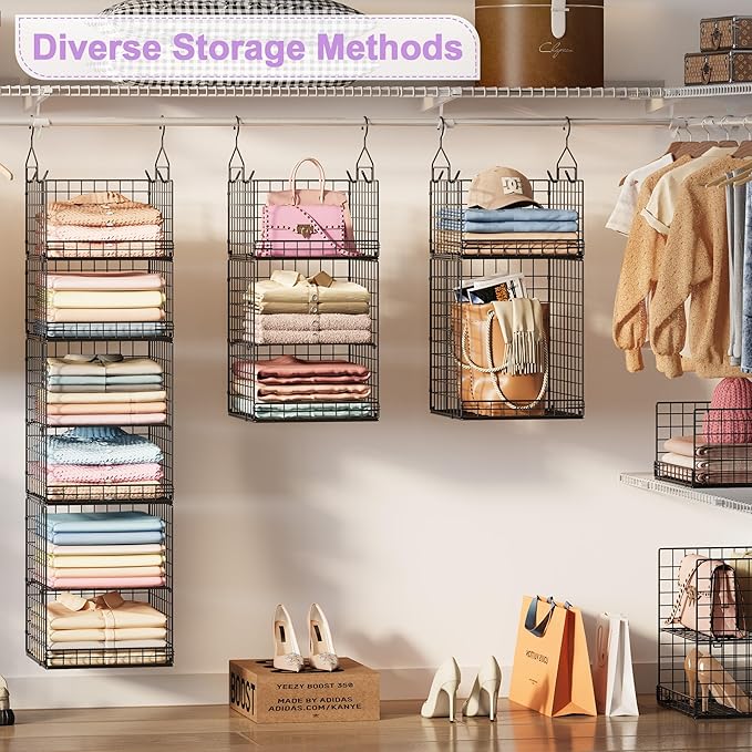 6 Tier Hanging Closet Organizers and Storage Stackable Hanging Closet Shelves with 4 Hooks 2 Adjustable Dividers, Wire Storage Basket Bins for Clothing Purse Sweaters Shoes Socks Dolls, Foldable