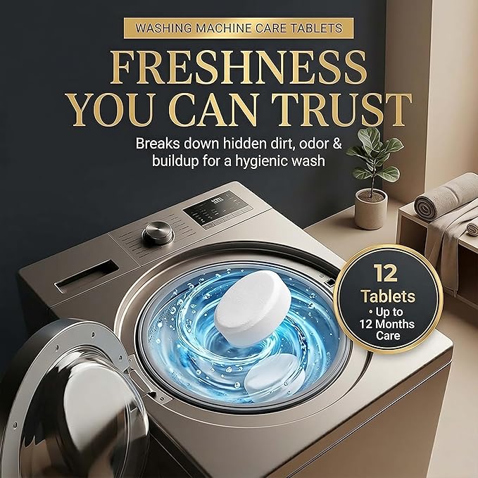 Washing Machine Cleaner Tablets XL – Heavy Duty Descaler and Deodorizer Tablets for HE Front Load and Top Load Washers – Powerful Washing Machine Cleaning Tablet – 12 XL Tablets, 1 Year Supply