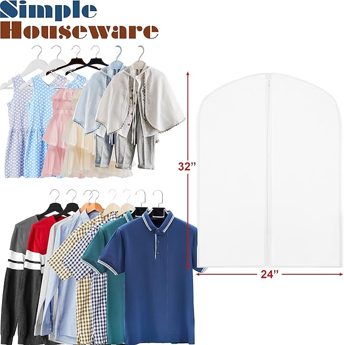 Simple Houseware 32-Inch Clear Garment Bags with Zipper for Suits, Dresses, Costumes, Uniforms - 10 Pack