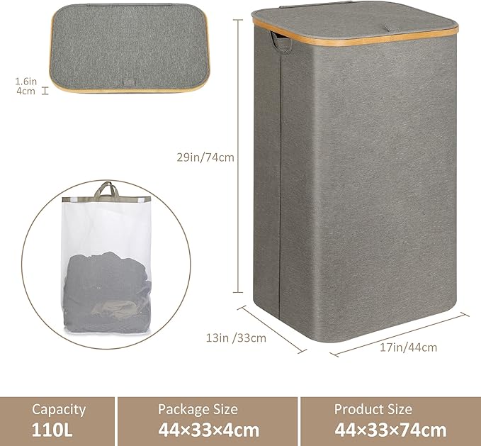 iEGrow Laundry Hamper with Lid, 110L Large Laundry Hamper with Handle and Lid, Collapsible Clothes Basket Organizer with Removable Inner Bag for Clothes Toys Towels - Grey