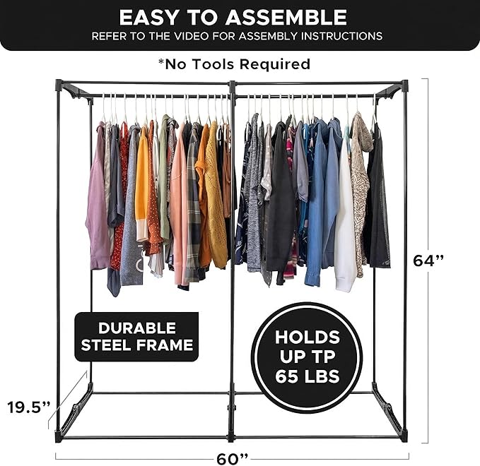 HOLDN’ STORAGE Portable Wardrobe Closet - 65 lb Large Capacity, Internal Heavy Duty Metal Rod, Zipper & Clear Window, Durable Clothes Organizer, Tool-Free Easy Assembly, Dark Gray Canvas Cover