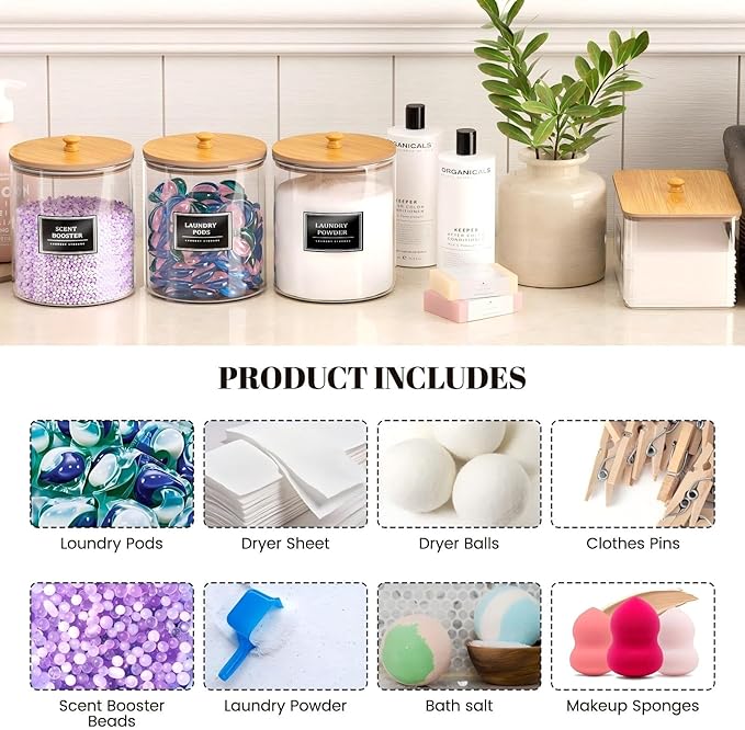 2+1 Pack Glass Laundry Pods Container & Acrylic Dryer Sheet Holder, Clear Laundry Room Organization Containers with Bamboo Lids & Labels, Powder Laundry Detergent Container for Scent Booster, Powder