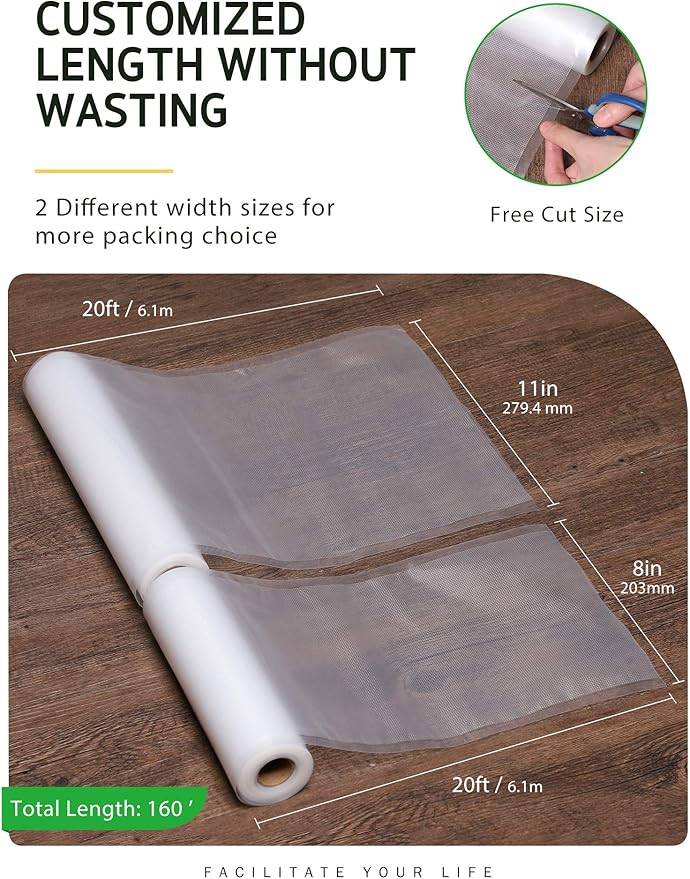 Syntus Vacuum Sealer Bags, 8 Pack 4 Rolls 11" x 20' and 4 Rolls 8" x 20' Commercial Grade BPA Free Bag Rolls, Food Vac Bags for Storage, Meal Prep or Sous Vide