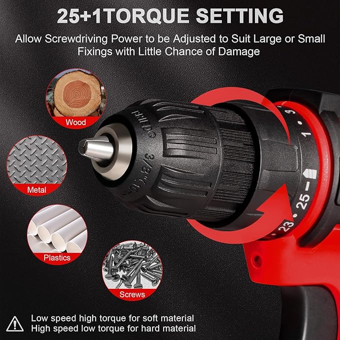 Cordless Drill Set,20V Drill Driver with Battery and Charger,3/8-Inch Keyless Chuck, Variable Speed,with Drills Bits Set,Red