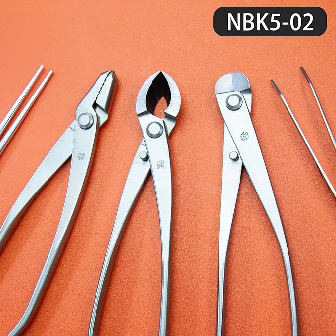 TianBonsai Bonsai Tools 5-Piece Alloy Steel Bonsai tool Kit In Cluding 205mm Wire Cutter / 205mm Round Edge Cutter / 205mm Jin Plier / 200mm Straight Root Hook/Tweezers( NBK5-02)
