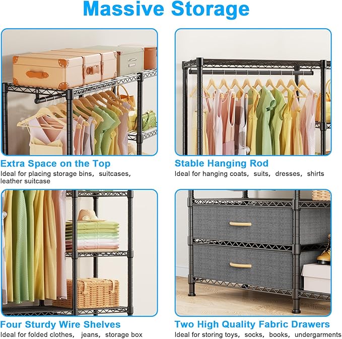 Ulif F3 Heavy Duty Clothes Rack（With Fabric Drawers）Freestanding Clothing Racks for Hanging Clothes，Adjustable Closet Organizer System，Portable Garment Rack 40" W x 15" D x 72" H，Max Load 700LBS，Black