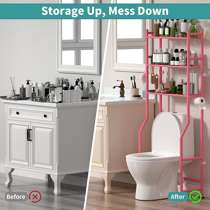 3-Tier Over The Toilet Storage Organizer, Space-Saving Bathroom Rack with Paper Holder & 4 Hooks, 64" Tall Freestanding Carbon Steel Shelf for Small Apartment Laundry Room (Pink)