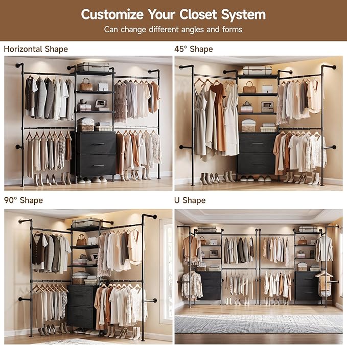 ONBRILL T2 Wall Mounted Industrial Pipe Clothing Rack, Closet Organizers and Storage System with 2 Drawers, 6 Wooden Shelves & 4 Expandable Rods, Heavy Duty Garment Rack, Wardrobe (Black))