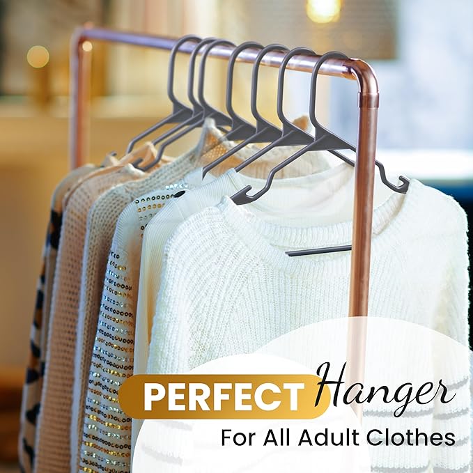 Our Modern Space 100 Pack Plastic Hanger for Shirt Pants Coats Dresses Skirts Suits Jackets - Standard Thick Coat Hanger - Sturdy & Durable Design with Shoulder Grooves Hook - Grey