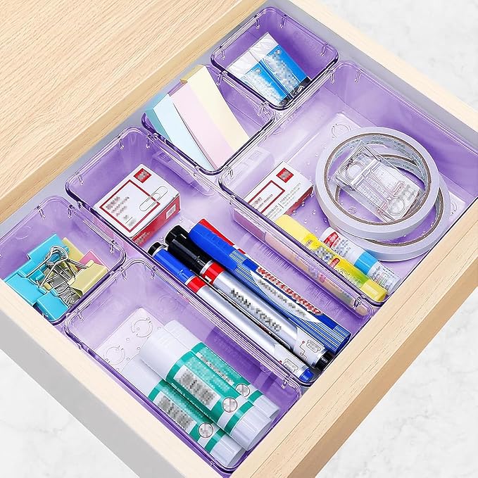 StorMiracle 23 PCS Drawer Organizer Set, 5 Varied Size Bathroom and kitchen Drawer cabinet organizer Trays, Clear Storage Bins for Makeup, Jewelry, Utensils and Gadgets, Purple