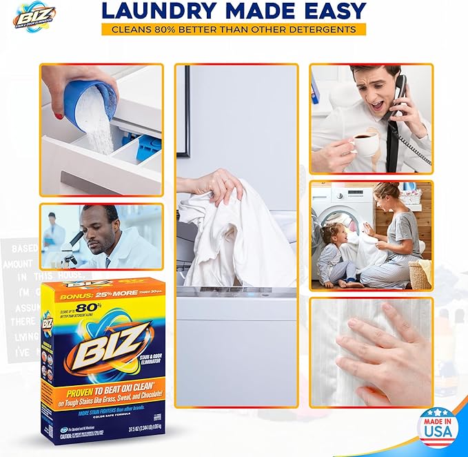 Biz Laundry Detergent Powder, Stain and Odor Eliminator for Tough Stains Like Grass Sweat and Chocolate, Powder Laundry Detergent with 4 Stain Fighters, Color Safe, Unscented, 2 Pack, 75 Oz Total
