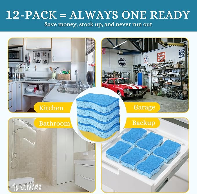 Kitchen Sponges – 12 Pack – Non-Scratch Dual-Sided Cellulose Scrub Sponges for Dishes, Pots, and Pans – Durable, Absorbent, and Reusable (Dark Blue/Light Blue)