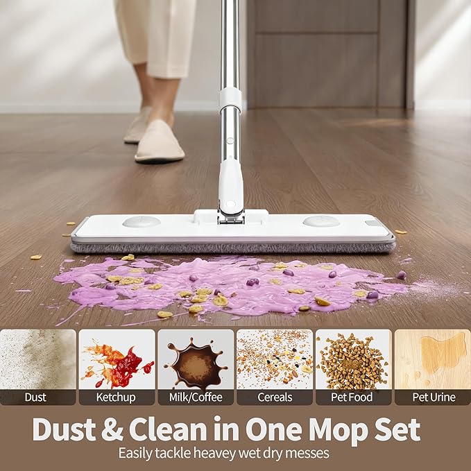 Mop and Bucket Set, Flat Mop and Bucket System, Mop Bucket with Wringer, Wall Mop with Adjustable Handle (Max 61 Inches), 5 Washable Microfiber Mop Pads