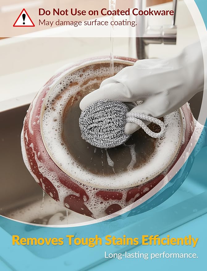 NiHome 10-Pack Steel Wool Scrubbers for Kitchen Cleaning, Stainless Steel Scourers with Hanging String, Reusable Rust-Resistant Scrubbers for Pots, Pans, Grill Racks, Sinks, Cast Iron