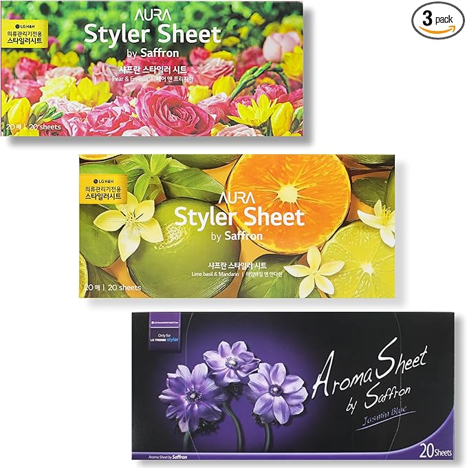 Pear & Freesia, Lime Basil & Mandarin, and Jasmin Blue 20 x 3 Pack - Long-Lasting Dryer Sheet Scent for Clothing Styler - Deodorizing & Refreshing Fragrance - Easy Use Styler Fabric Softener Sheets