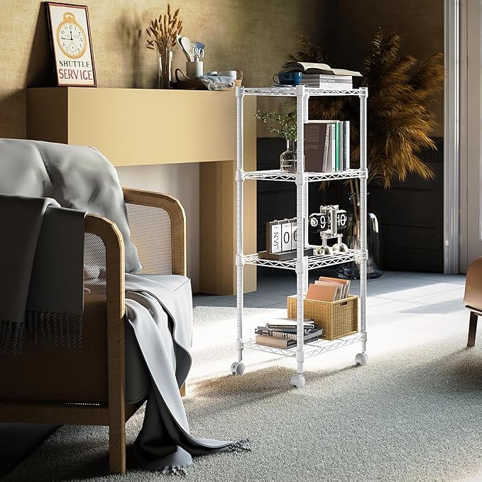 M MZG 1000 lbs 4-Shelf Adjustable Heavy Duty Steel Wire Rack, Adjustable Storage Shelving Unit with Wheel for Kitchen, Garage, Laundry White 11.8" D x 17.7" W x 40.8" H