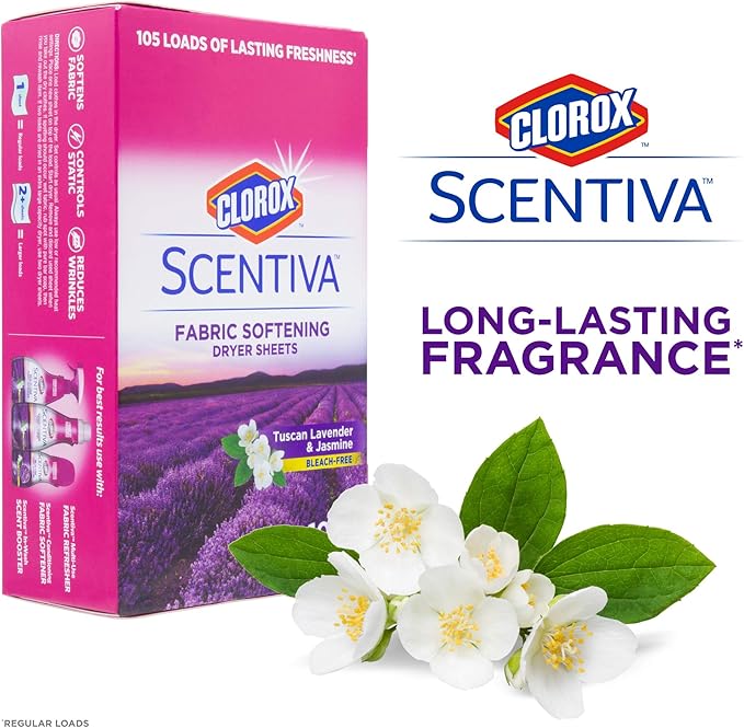 Clorox Scentiva Fabric Softening Dryer Sheets | Fabric Sheets in Tuscan Lavender & Jasmine Scent | Laundry Dryer Sheets for Fresh & Clean Clothes| 105 Count (Pack of 2)