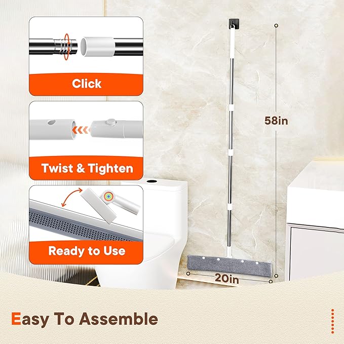 Floor Squeegee for Concrete Floors, 180° Rotating Silicone Broom, Squeegee for Floor with Long Handle and Dual-Sided Blade Design, Water and Pet Hair Remover for Bathroom Floors, Tile, Deck and Glass