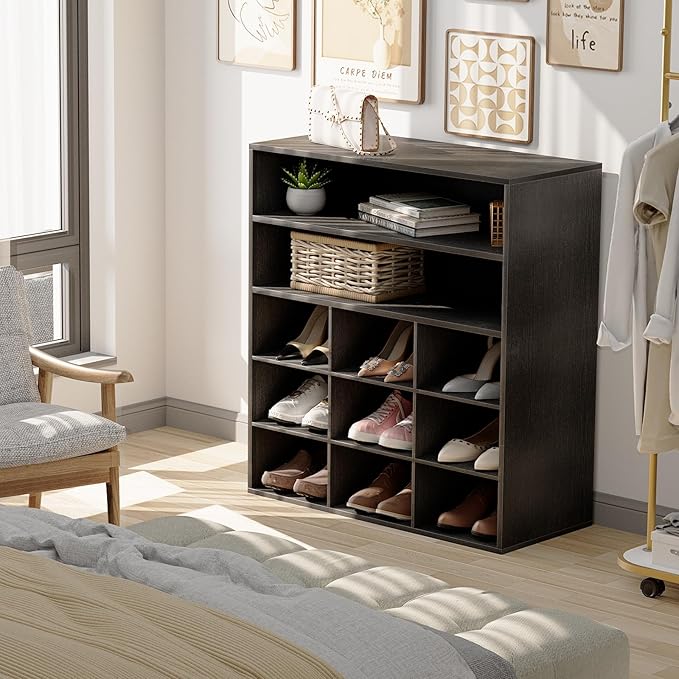 Garden 4 you Shoe Rack Organizer, 5-Tier Wood Cubby Shoe Rack with 2 Storage Shelf and 9 Cubbies, Shoe Organizer Cabinet for Entryway, Hallway, Closet and Garage,Black