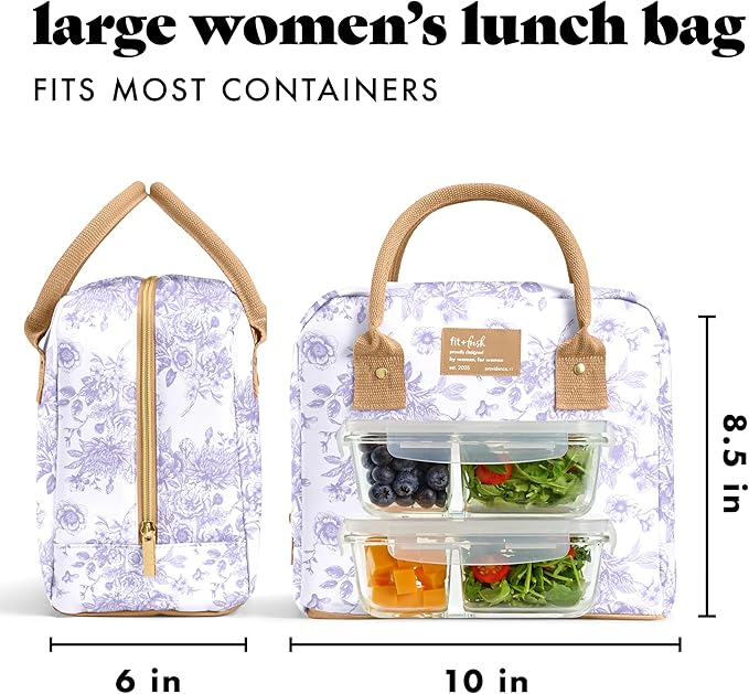 Fit & Fresh Bloomington Lunch Bag for Women - Insulated Large Lunch Box for Work with Containers, Leak-Resistant, Stain-Resistant, Zipper Closure, Lavender Toile
